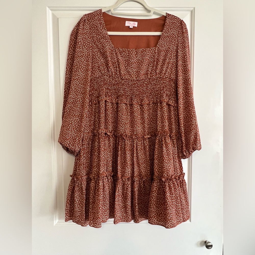 Pink Lily Rust Polka Dot Mini Dress 3/4 Sleeve